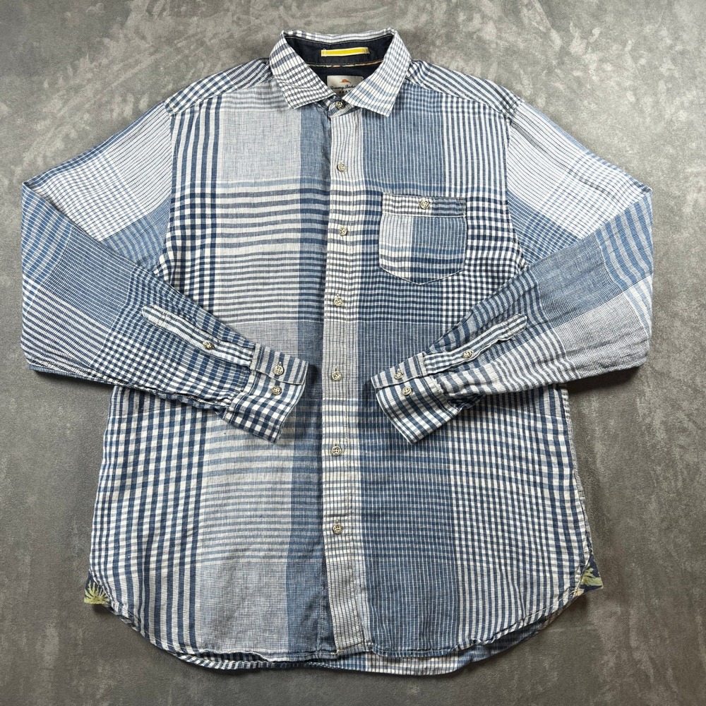 Tommy Bahama‎ Mens Medium Blue Patchwork Plaid 100% Linen Button Down Shirt